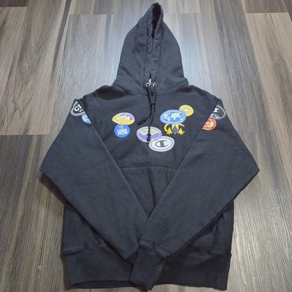 Champion Reverse Weave Hoodie Black Multi Graphic CPN Sticker Print Mens Small